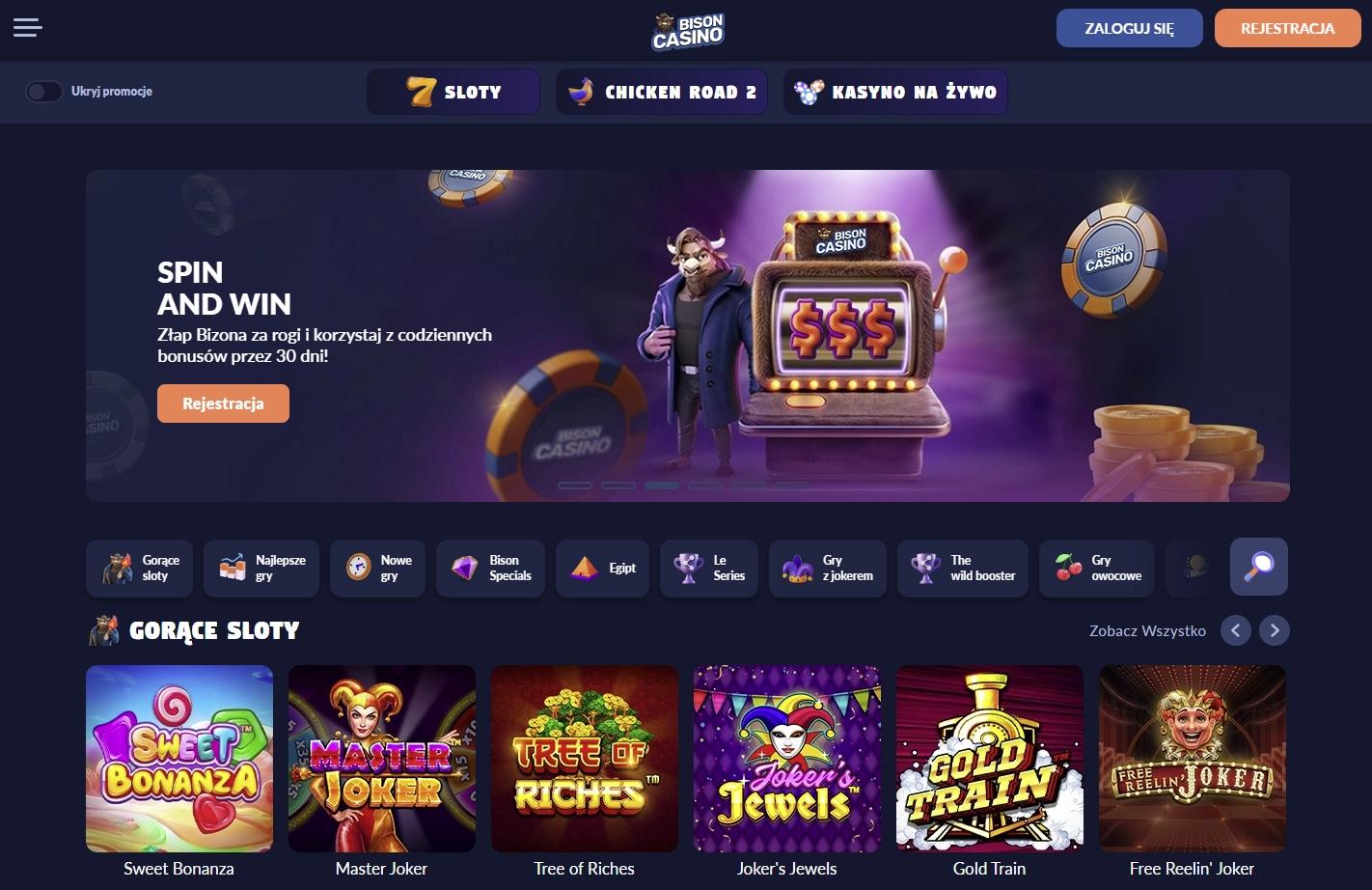 Nowoczesny interfejs Bison  Casino na ekranie