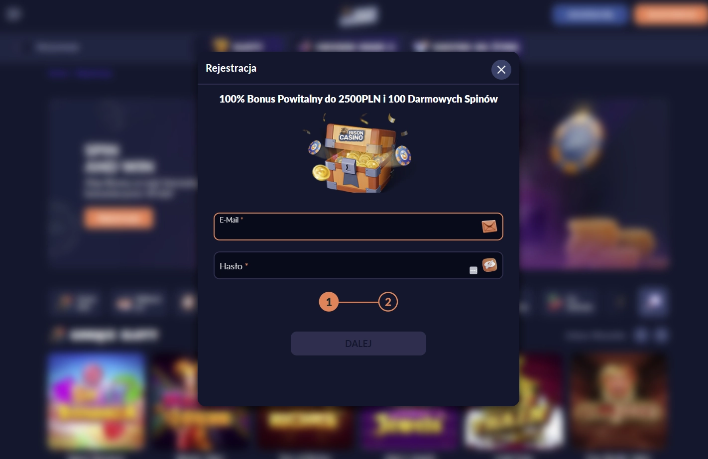 Ekran rejestracji w Bison  Casino